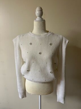 Main Strip White Waffle knit Crewneck Sweater with Crystal Embellishments